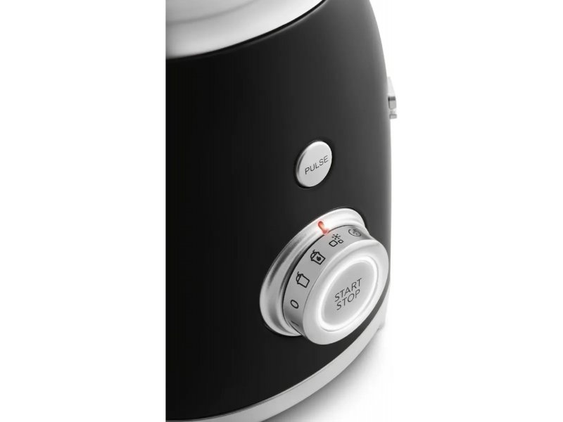 Smeg BLF03BLEU — крупный план кнопки Pulse и регулировочного колеса START/STOP с показателями скоростей