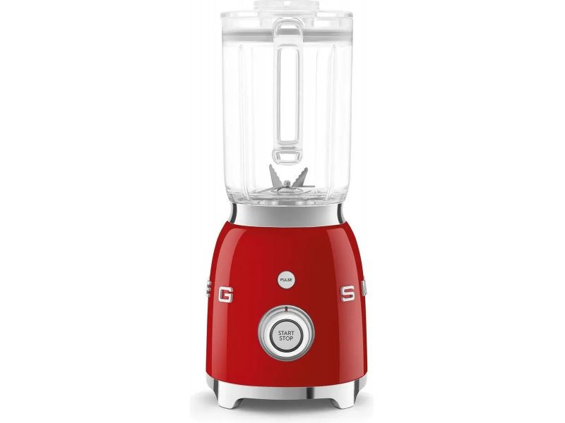 Smeg BLF03RDEU кнопка START/STOP и индикатор питания крупным планом на металлическом корпусе