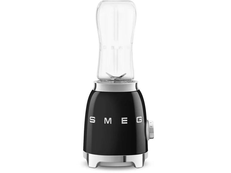 Smeg PBF01BLEU черный — стационарный блендер вид спереди, пластиковый кувшин и металлический корпус