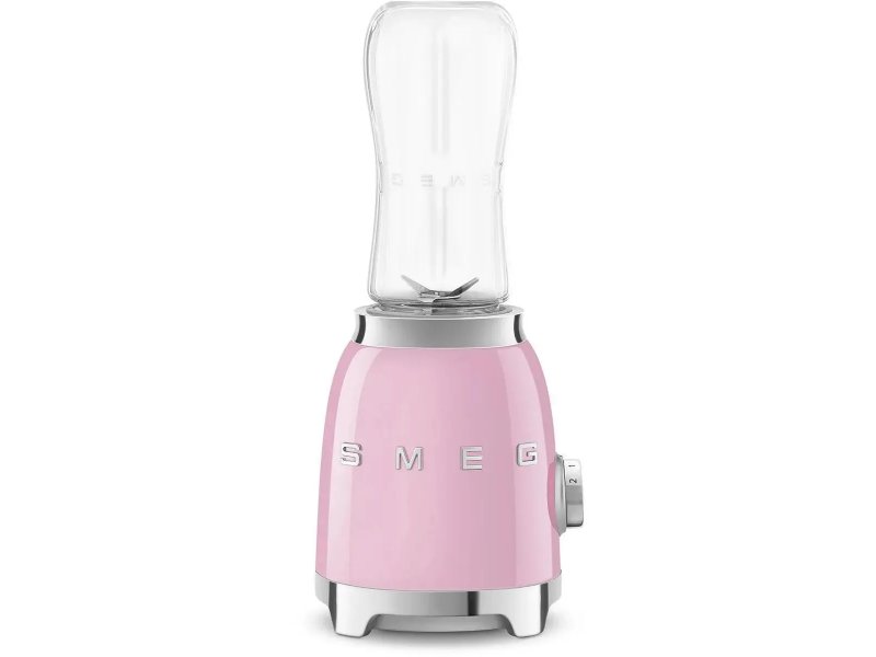 Smeg PBF01PKEU розовый стационарный блендер вид спереди, логотип SMEG, ручка управления