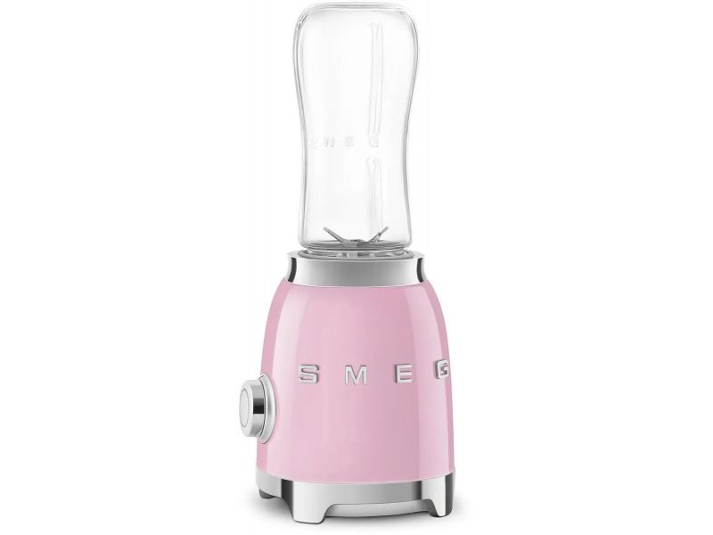 Smeg PBF01PKEU боковой ракурс с хромированной базой, элемент управления и стеклянный кувшин