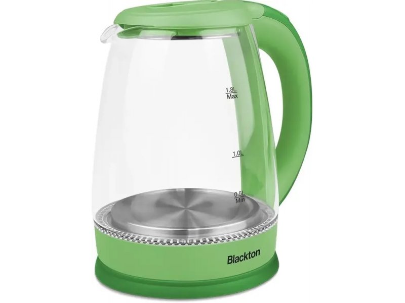 Blackton Bt KT1800G 1.8л зелёный — вид спереди на подставке, прозрачная колба с отметками уровня воды
