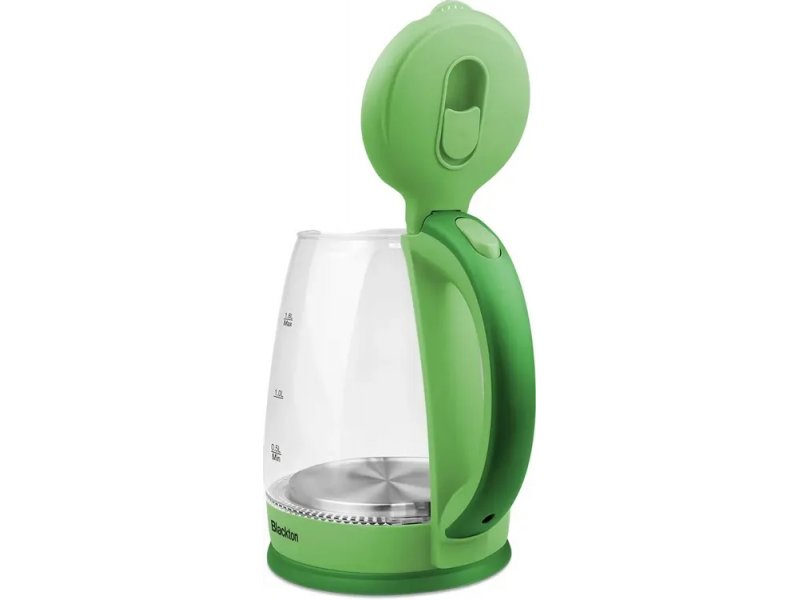 Blackton Bt KT1800G — боковой вид, открытая крышка, кнопка управления и ручка, отметки объёма на прозрачной колбе