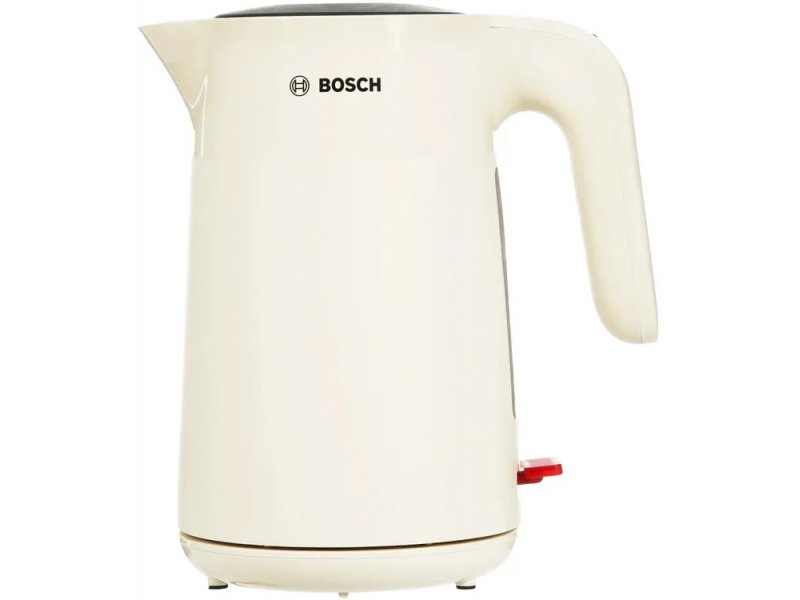 Bosch TWK2M167 бежевый — вид спереди, электрический чайник на подставке с красной кнопкой включения