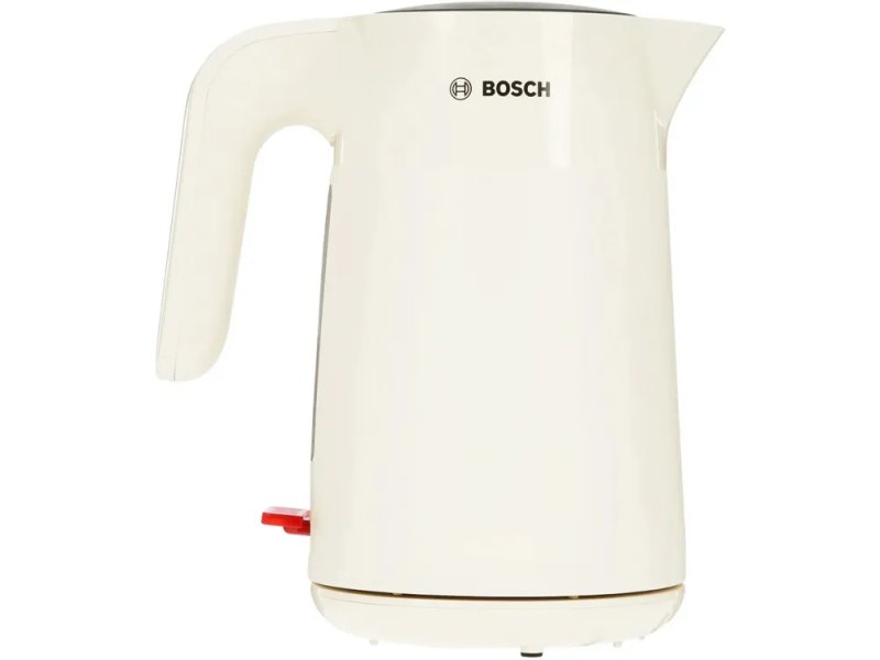 Bosch TWK2M167 бежевый — полный боковой профиль, эргономичная ручка и расположение кнопки включения
