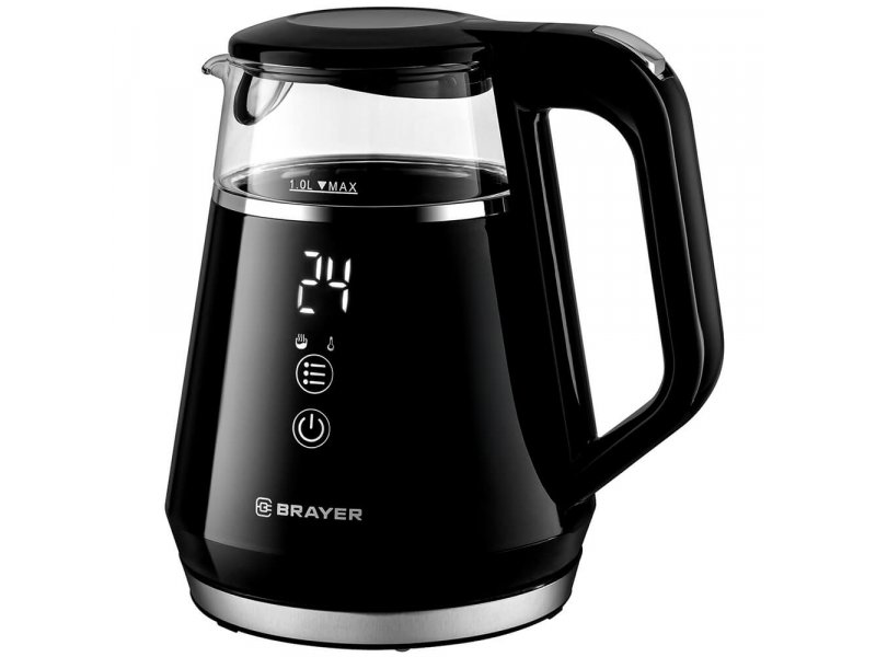 Brayer BR6105 чёрный электрический чайник 1 л — вид спереди, стеклянная верхняя часть, кнопочное управление