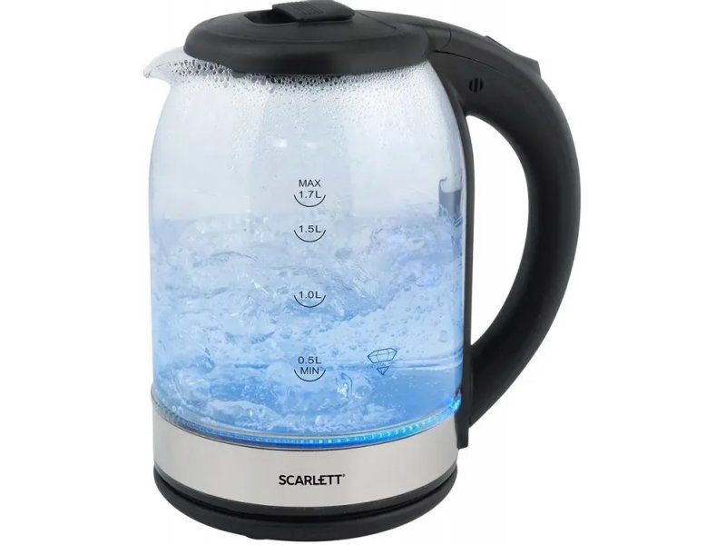 Scarlett SC-EK27G10 стеклянный чайник 1.7л с чёрной крышкой и шкалой объёма