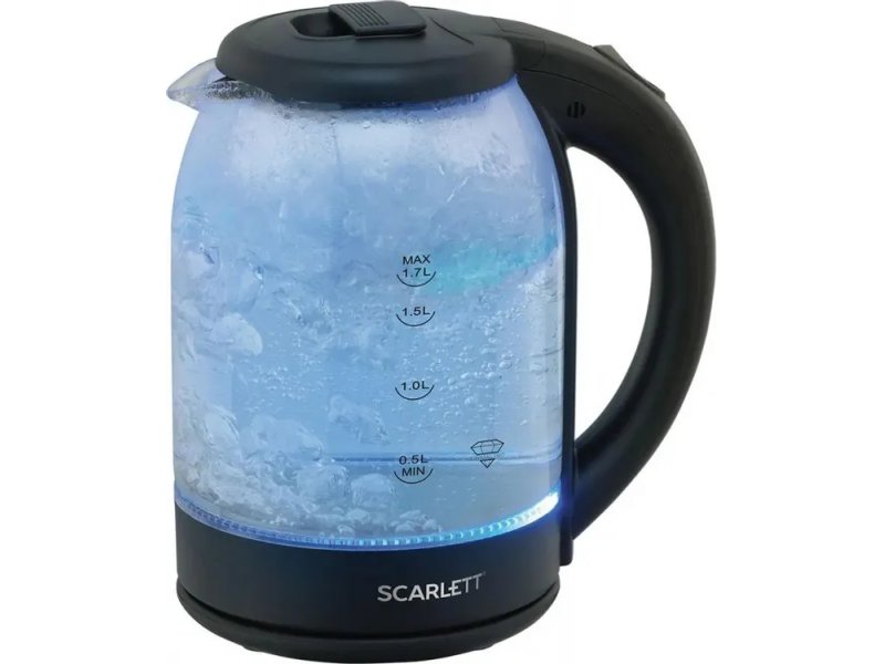 Scarlett SC-EK27G90 стеклянный чайник 1.7 л с синей подсветкой и шкалой уровня воды