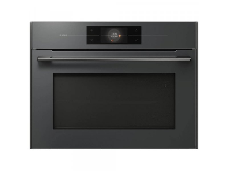 Asko OCM8478GG вид спереди — чёрный фасад с дисплеем и металлической ручкой