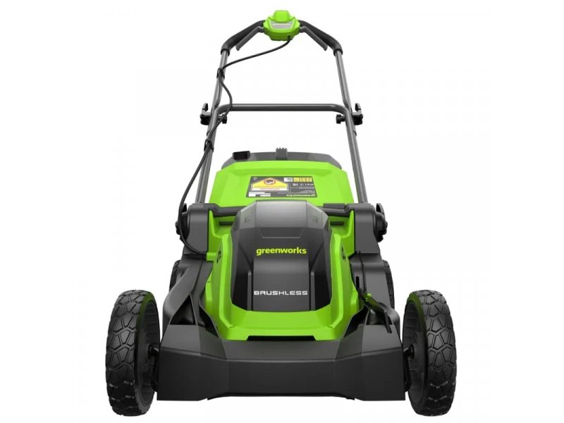 Greenworks GD40LM411 аккумуляторная газонокосилка 41 см на четырёх колёсах вид спереди