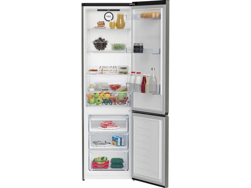Beko B3R0CNK402HG открытый — верхняя холодильная камера с 4 полками из закалённого стекла и нижняя морозилка с 3 ящиками
