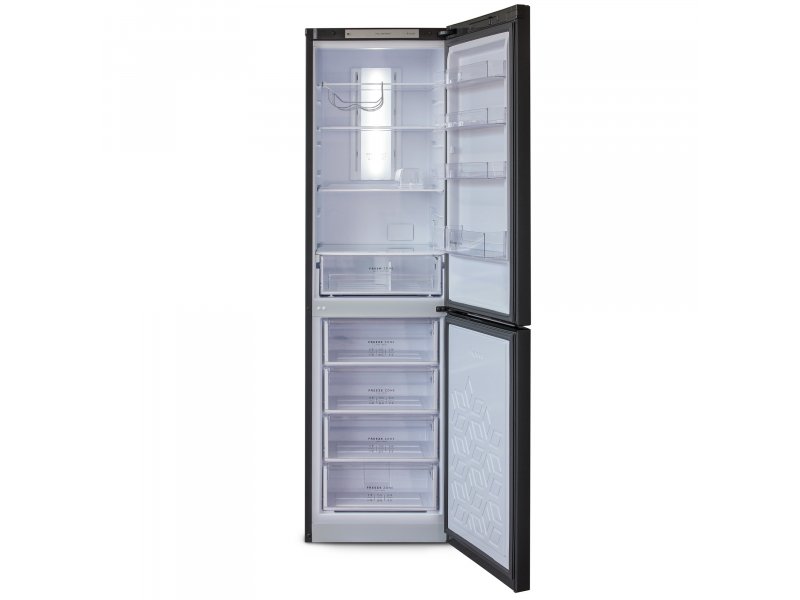 Бирюса Б-W980NF — открытые двери, стеклянные полки холодильной камеры и ящики морозилки