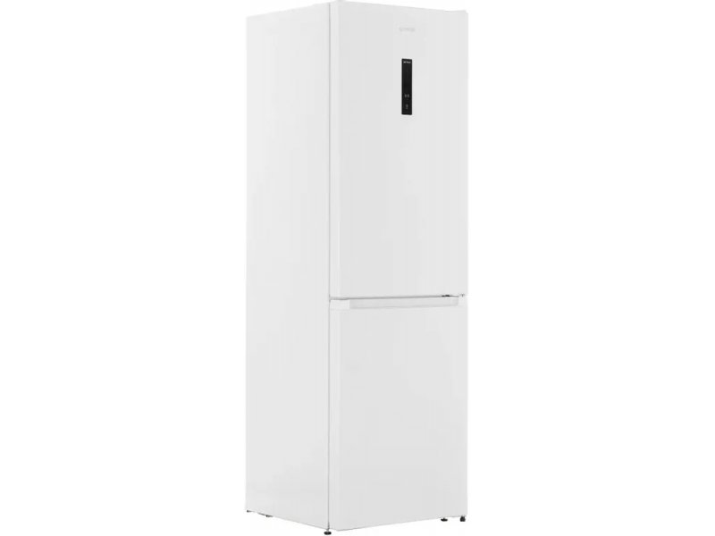 Gorenje NRKP61EA2W4 вид спереди под углом — корпус белый, пропорции двухкамерного холодильника