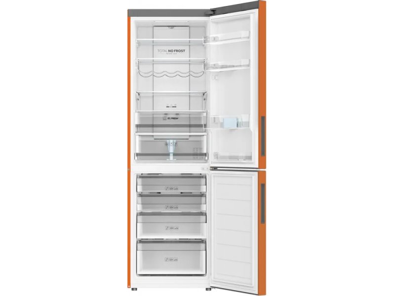 Haier C2F636CORGU1 внутреннее устройство — холодильная камера с полками из закалённого стекла и морозильник с ящиками No Frost