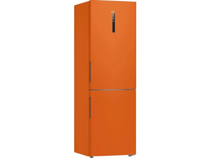 Haier C2F636CORGU1 боковой профиль — трёхмерная форма оранжевого корпуса, стык холодильной и морозильной части