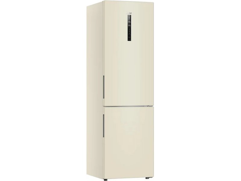 Haier C2F637CCGU1 бежевый — вид сбоку и спереди, тонкий профиль корпуса, металлические двери