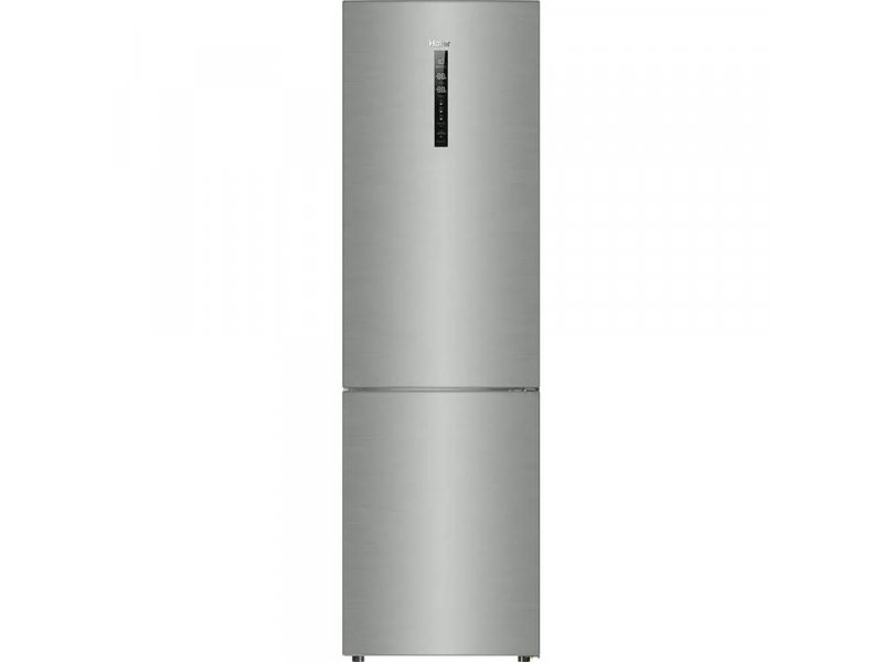 Haier C2F637CFMVU1 серебристый — вид спереди, верхняя холодильная и нижняя морозильная камеры с внешним дисплеем