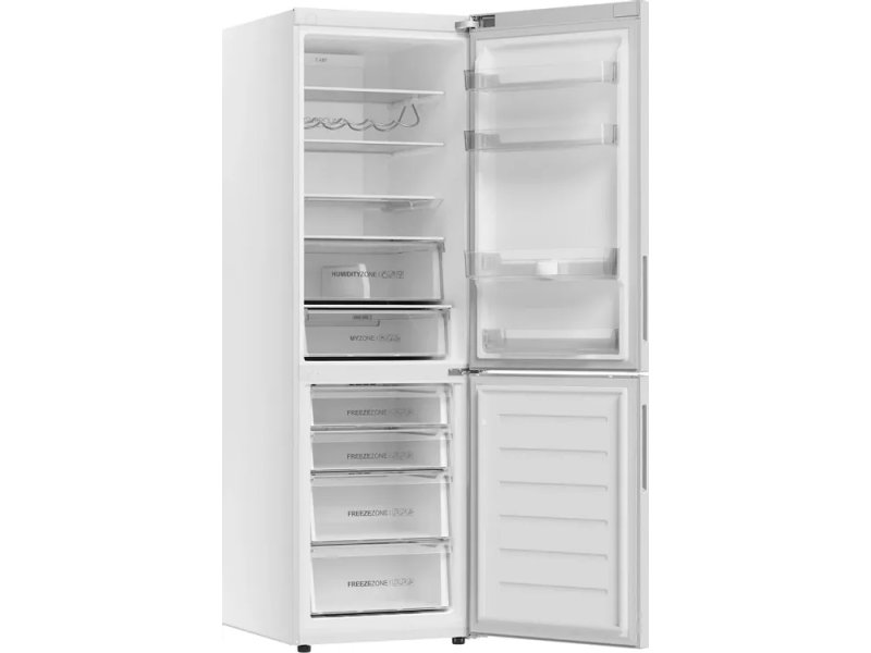Haier C4F637CWRGU1 с открытыми дверями — холодильное и морозильное отделения, полки и ящики
