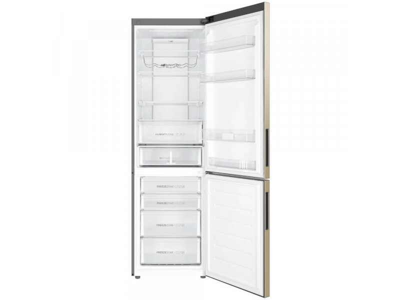 Haier C4F640CCGU1 — холодильная камера открыта, стеклянные полки, ящик для овощей, полки на двери