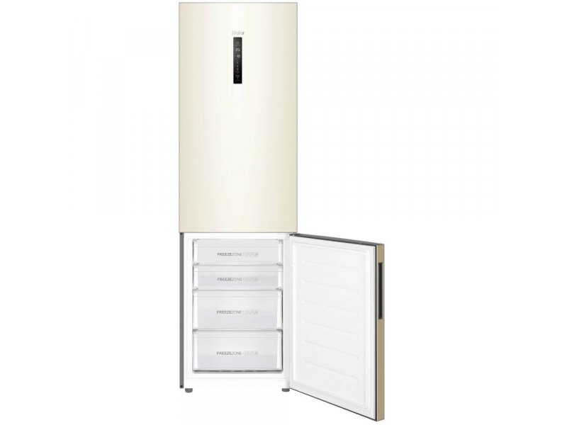 Haier C4F640CCGU1 — морозильная камера открыта, четыре прозрачных ящика FreezeZone