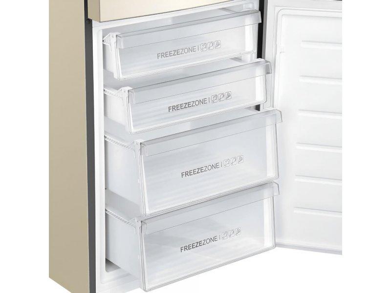 Haier C4F640CCGU1 — детальный вид морозильного отделения с четырьмя ящиками FreezeZone, организация хранения