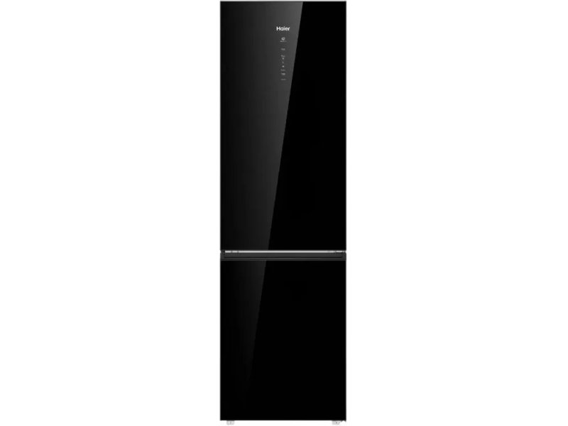 Haier C4F640CGBGU1 чёрный двухкамерный холодильник — вид спереди, глянцевый металлостеклянный корпус