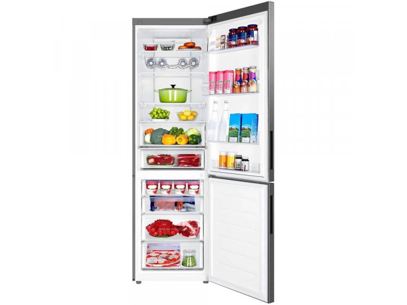 Haier C4F640CXU1 обе камеры открыты под углом — демонстрация полок, ящиков и дверных отделений