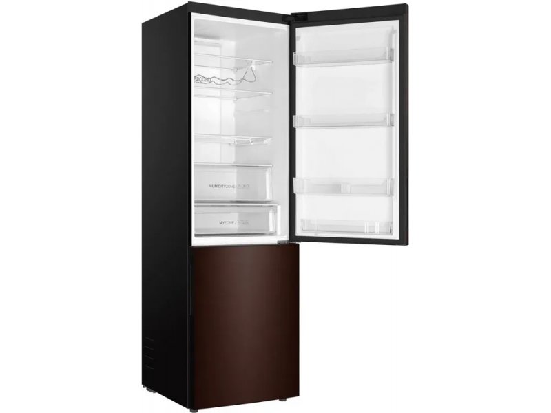 Haier C4F740CLBGU1 полностью открыт — холодильная камера с полками и морозильная с ящиками