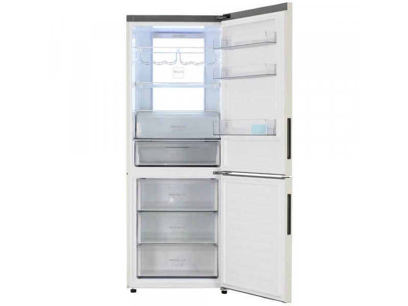Haier C4F744CCGU1 открытые двери камер — компоновка полок, ящик для овощей и зона свежести
