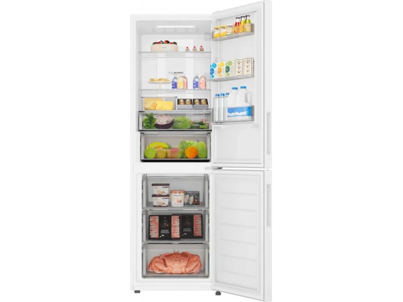 Haier CEF530CWRG — открытые двери, холодильная камера с полками из закалённого стекла и продуктами, морозильная камера с прозрачными ящиками