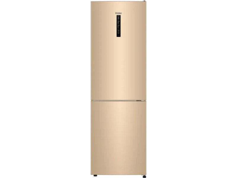 Haier CEF536CGG золотистый двухкамерный холодильник вид спереди с сенсорным дисплеем
