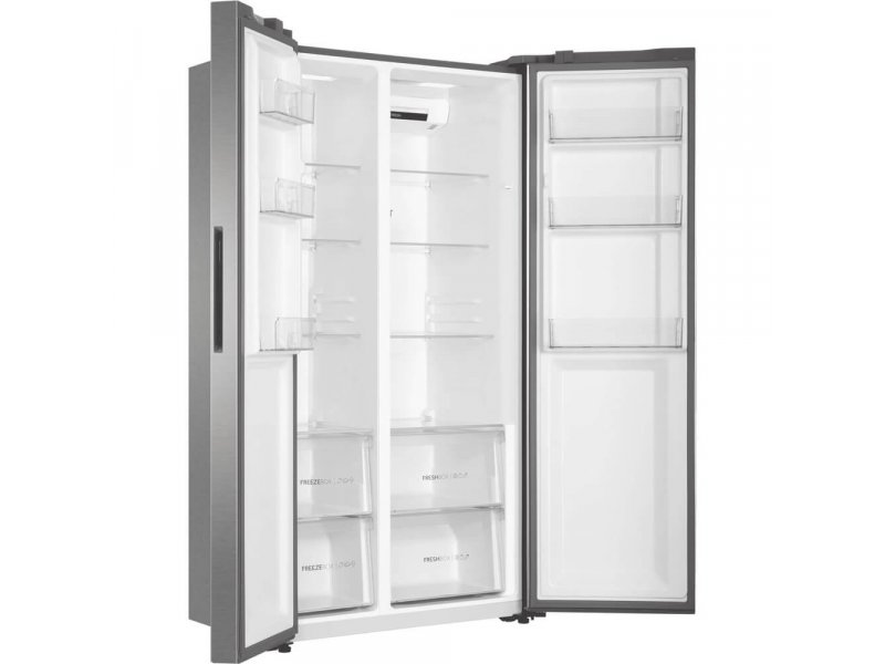 Haier HRF-541DM7RU открытые двери — внутренняя организация хранения, полки из закалённого стекла, ящики для овощей