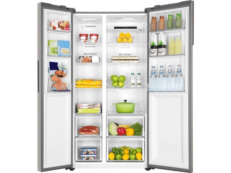 Haier HRF-541DM7RU заполнен продуктами — демонстрация вместимости 504 л, овощи, фрукты, напитки