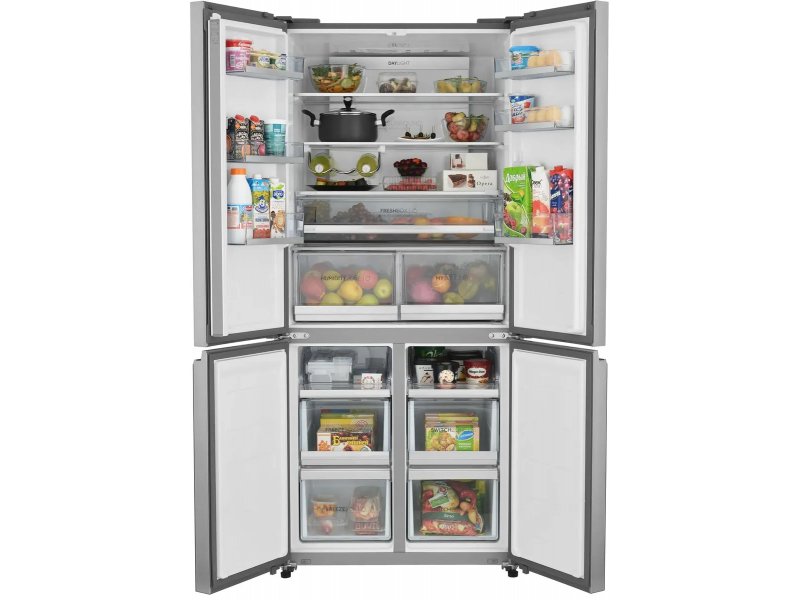 Haier HTF-508DGS7RU внутреннее устройство все четыре двери открыты полки ящики для овощей организация пространства