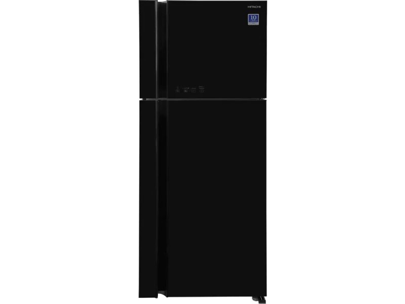 Hitachi HRTN7489DF GBKCS — двухкамерный холодильник 489 л, чёрное стекло, вид спереди