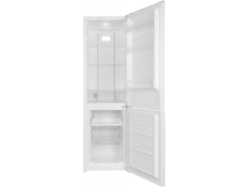 Hyundai CC30021AF — открытый холодильник, стеклянные полки верхней камеры и ящики морозилки