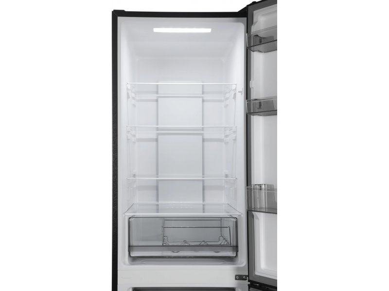 Hyundai CC35083F — открытая холодильная камера 240 л, три полки из закалённого стекла, ящик для овощей, LED-подсветка