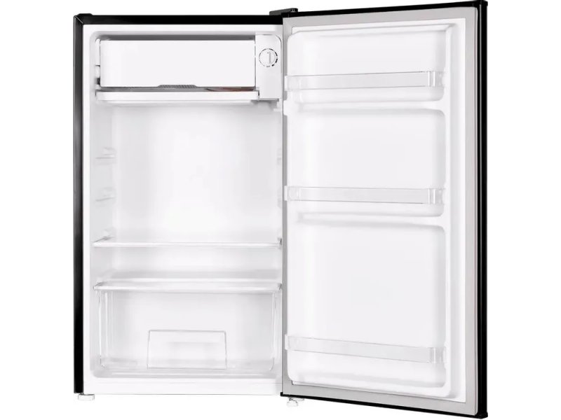 Maunfeld MFF83RB — открытый холодильник, две полки, ящик для овощей, три секции на двери