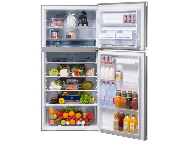 Sharp SJXG60PGSL открытые двери холодильника 422 л — полки, ящик для овощей, продукты