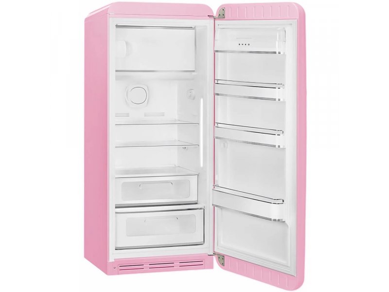 Smeg FAB28RPK6 розовый — интерьер холодильной камеры, стеклянные полки три штуки