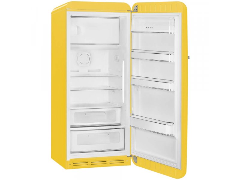 Smeg FAB28RYW6 желтый — внутренняя организация, 3 стеклянные полки и 2 ящика для овощей