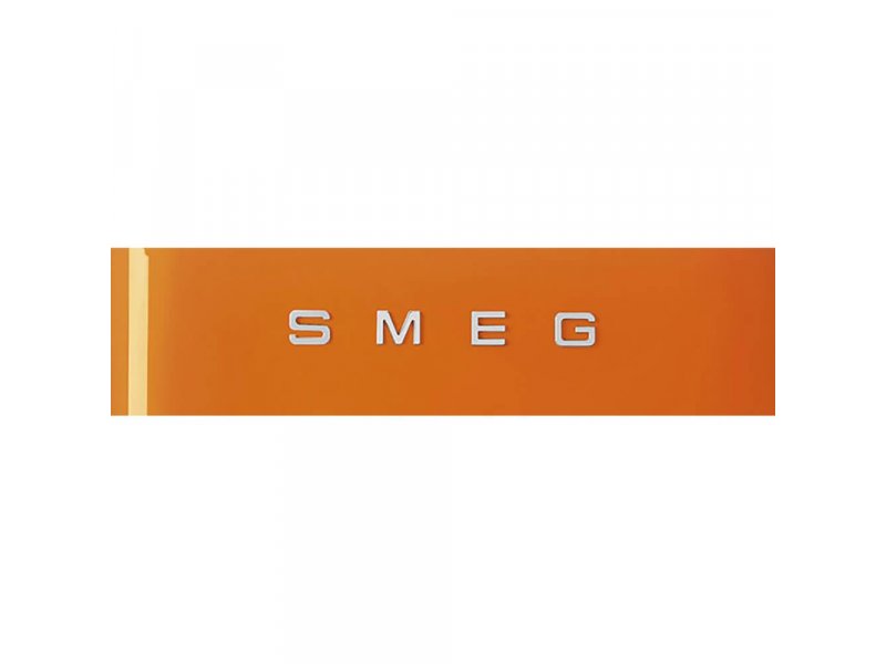 Smeg FAB5ROR6 оранжевый — боковой профиль, тонкий корпус с золотистым кантом, минималистичный ретро-силуэт