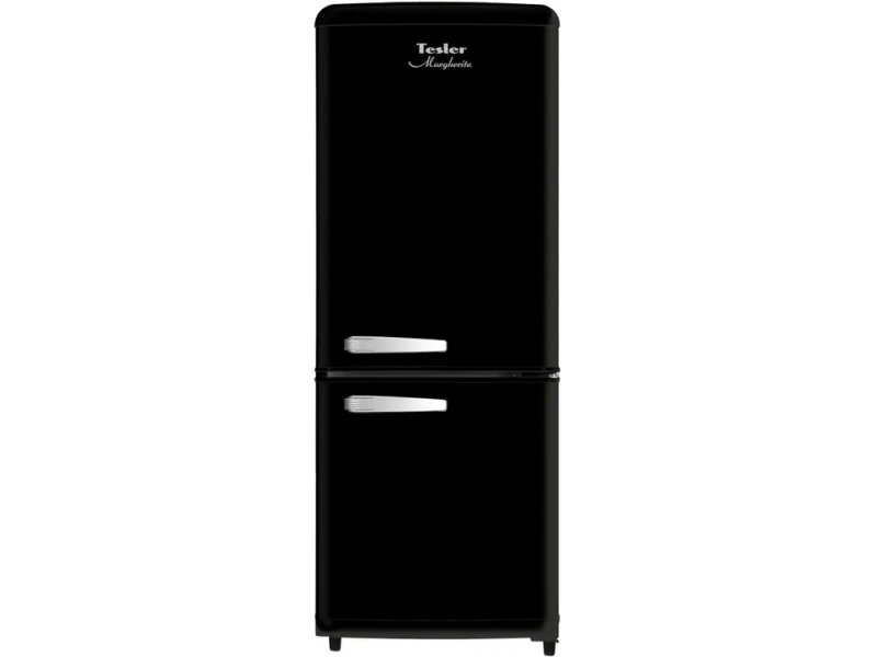 Tesler RB-107 чёрный двухкамерный холодильник, вид спереди, металлический корпус