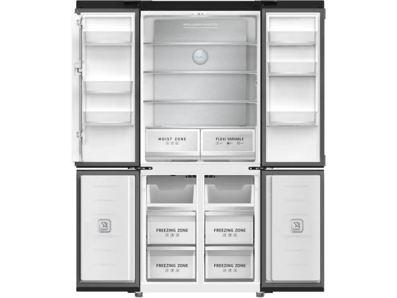 Tesler RCD-487BI внутреннее пространство — холодильная камера с полками, зона свежести, морозильные ящики и боковые полки для напитков