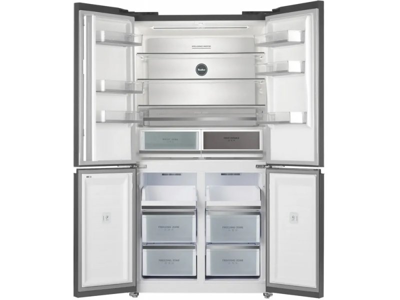 Tesler RCD-547BI — внутреннее пространство с открытыми дверцами, стеклянные полки холодильного отделения, три ящика морозильной камеры, LED-подсветка