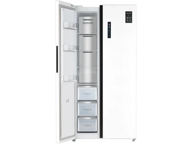 Tesler RSD-537BI левая дверь открыта — внутренние полки, ящики, компактное расположение