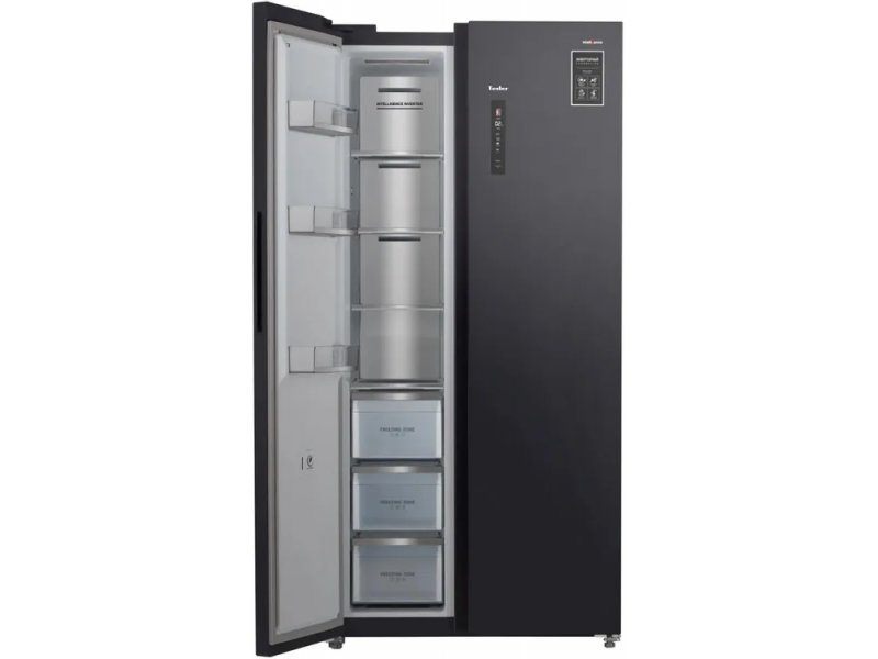 Tesler RSD-537BI морозильная камера слева — прозрачные контейнеры, полки, No Frost без инея