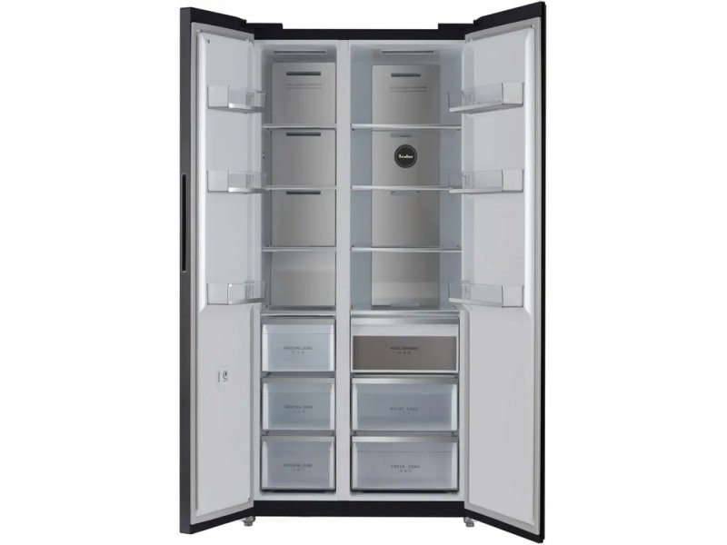 Tesler RSD-537BI обе камеры открыты — полная организация хранения, морозильная слева, холодильная справа