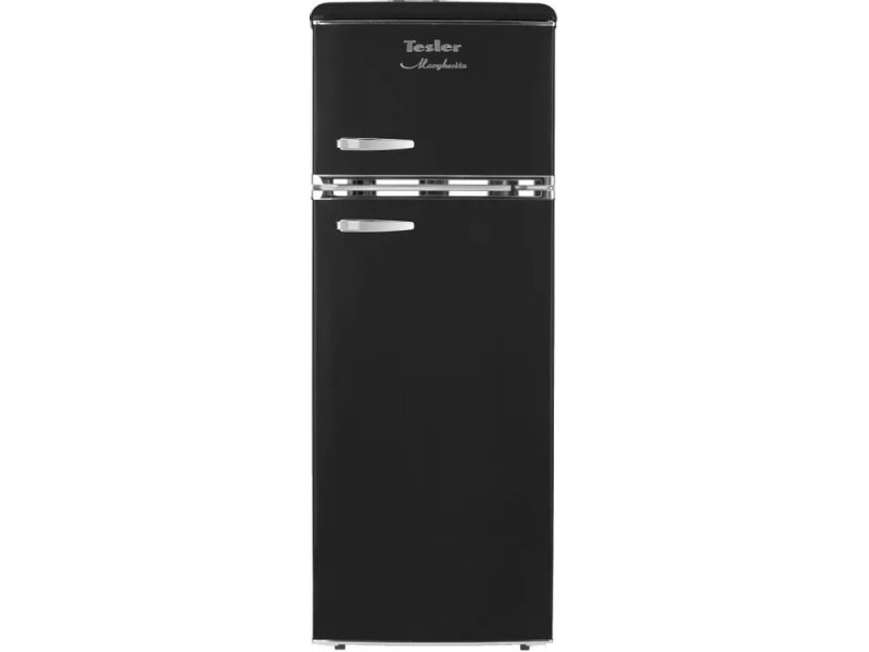 Tesler RT-215 черный холодильник вид спереди, металлический корпус, две двери