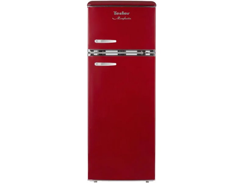 Tesler RT-215 красный двухкамерный холодильник с металлическими дверями и хромированными ручками, вид спереди